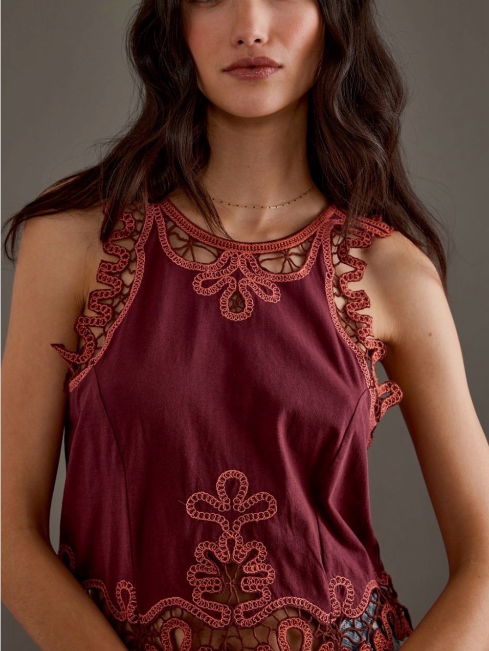 Lace-Trim Sleeveless Top in Deep Burgundy